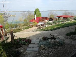 a garden with a house and a lake in the background at Penzion Nad jezerem in Pavlov