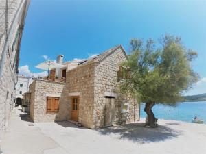 a stone building with a tree next to the water at Apartment Vesna in Primošten