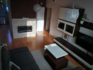 a living room with a couch and a fireplace at Apartman May Tatranska Lomnica in Tatranská Lomnica +15 photos