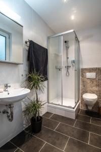 a bathroom with a shower and a sink and a toilet at Hotel Martz in Pirmasens