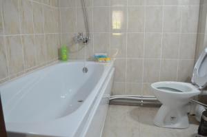 ein Badezimmer mit einer weißen Badewanne und einem WC in der Unterkunft Alexys Residence 5 in Iaşi + 18 Fotos