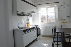 a white kitchen with a sink and a stove at Alexys Residence 4 in Iaşi