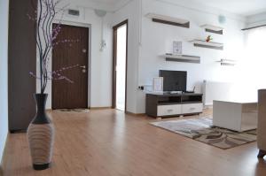 a living room with a vase on the floor at Alexys Residence 4 in Iaşi