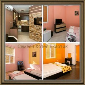 quatro fotografias de um quarto com paredes cor-de-rosa e laranja em Guest Rooms Exotic em Pazardzhik