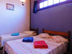 two twin beds in a room with purple walls at Pousada Das Candeias in Carrancas