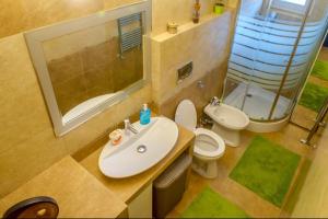 un bagno con lavandino, WC e specchio di Zuzu’s home a Rîşnov Altre 10 foto