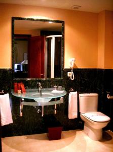 a bathroom with a sink and a toilet and a mirror at Hotel El Rancho in Segovia