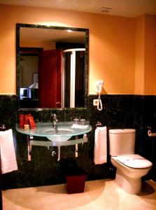 a bathroom with a toilet, sink and mirror at Hotel El Rancho in Torrecaballeros