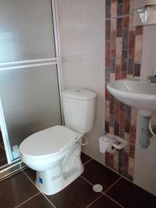 a bathroom with a toilet and a sink at Hotel Casa Oasis in Zapatoca