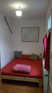 Bett in einem Zimmer mit einem roten Bettlaken in der Unterkunft Ferienhaus Bonn in Bonn