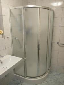 レーゲンスブルクにあるApartment Barbaraのシャワー(洗面台の隣にガラスドア付) +14枚の写真