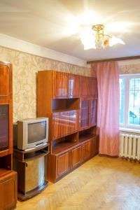 een woonkamer met een televisie en houten kasten bij 53 вулиця Данила Щербаківського in Kiev