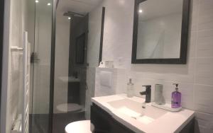 un bagno bianco con lavandino e doccia di Les machines de Jules, hyper centre a Nantes