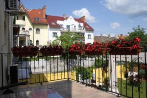 ein Haus mit einem Tor mit roten Rosen darauf in der Unterkunft Mosoly Apartman in Szeged