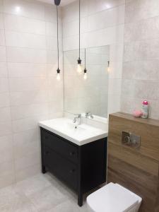 W łazience znajduje się umywalka, toaleta i lustro. w obiekcie Apartament Naukowców w Krakowie