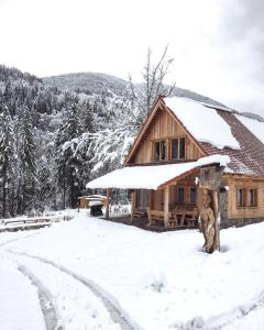 une cabane en rondins dans la neige avec une route dans l'établissement Dolomiti Village, à Comeglians