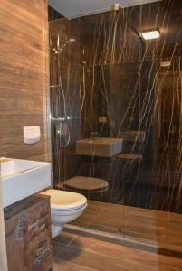 a bathroom with a toilet and a glass shower at Wood Central Apartment in Timişoara