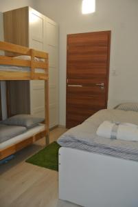 1 Schlafzimmer mit 2 Etagenbetten und einem Schrank in der Unterkunft Island Apartment Budapest in Budapest