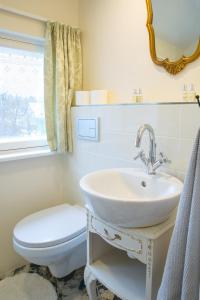 bagno con lavandino, servizi igienici e specchio di Romance Apartment a Kuldīga