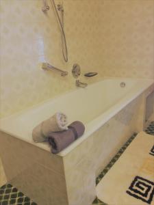 een badkamer met een bad met een douche en handdoeken bij Appartement Straninger am Achensee in Maurach