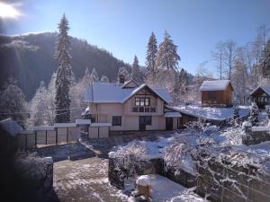una casa cubierta de nieve con árboles y montañas en Villa Medova en Kosiv