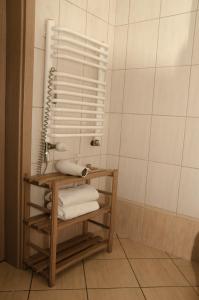 a bathroom with a shower with towels on a shelf at Apartamenty Rohatka in Zakopane