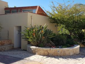 un edificio con una cama de flores frente a un edificio en Bright, inviting, unique architecture, great location flat en Bet Shemesh