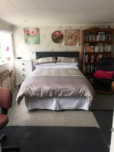 a bedroom with a large bed and a book shelf at Sharyn’s B & B in Dunedin