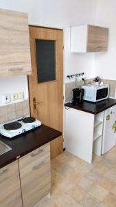 una pequeña cocina con microondas en una encimera en Pension na hranici, en Železná Ruda