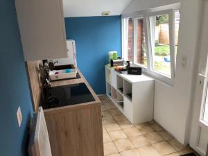 a kitchen with blue walls and a white counter top at Chez pépé in Barbâtre