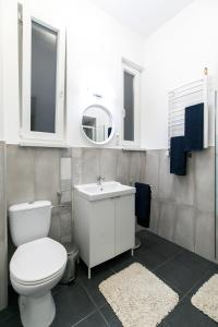 a bathroom with a toilet and a sink and a mirror at ELLA Apartment in Budapest