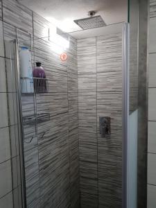 ein Bad mit einer Dusche und einer Glastür in der Unterkunft APPARTAMENTI DEI MILLE in Novi Ligure