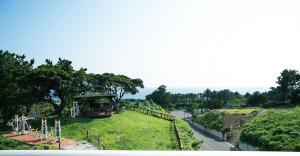 a park with a trolley on a grassy hill at Bowhill Resort & Pension in Seogwipo
