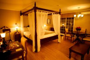- une chambre avec un lit à baldaquin et des rideaux dans l'établissement St-Sauveur Lovely Studio, à Piedmont