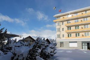 a hotel with snow covered trees in front of a building at Hotel Schweizerhof Pontresina in Pontresina