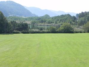 un gran campo verde con montañas en el fondo en Haus Sonnhügel, en Sankt Kanzian