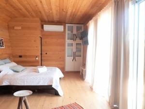 1 dormitorio con cama y ventana grande en צימרגולה, en ‘En Yahav