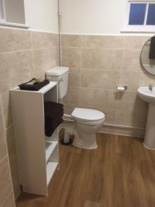 a bathroom with a toilet and a sink at Good Intent Rooms in Waltham Abbey