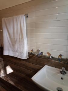 a bathroom with a sink and a towel at Ella Green Cottages in Ella