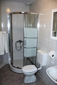 y baño con ducha, aseo y lavamanos. en LONJSKI DVORI en Kutina
