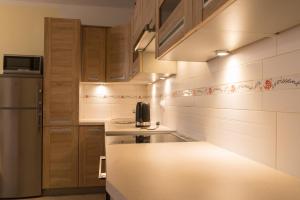 uma cozinha com armários de madeira e uma bancada em Apartament Na Urlop - Centrum - Przy Amfiteatrze - 500m do Basenów Wisła em Wisla