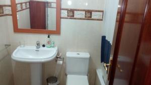 La salle de bains est pourvue d'un lavabo, de toilettes et d'un miroir. dans l'établissement Residencial Sol Suite, à Telde