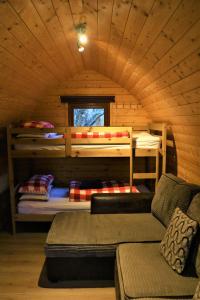 a room with two bunk beds and a couch at Pine Marten Bar Glenmore Pods in Aviemore