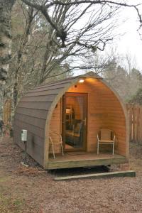 a small wooden cabin with two chairs in it at Pine Marten Bar Glenmore Pods in Aviemore