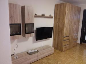 ランゲスハイムにあるTomteのリビングルーム(薄型テレビ、木製キャビネット付)