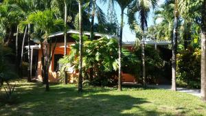ein Haus mit Palmen davor in der Unterkunft Embassy House in Puerto Jiménez
