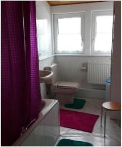 La salle de bains est pourvue de toilettes et d'un lavabo. dans l'établissement Ferienwohnung Daniela, à Meckenbeuren