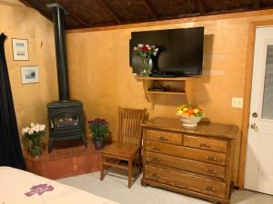 a room with a wood stove and a television at The Woods Hotel - Gay LGBTQ Cabins in Guerneville