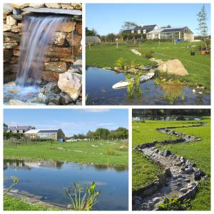 a collage of four pictures of a waterfall and a pond at Au Paradis des 4 Saisons in Héric