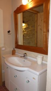 ein Bad mit einem Waschbecken und einem Spiegel in der Unterkunft Agriturismo Al Respiro Nel Bosco in Camporotondo di Fiastrone